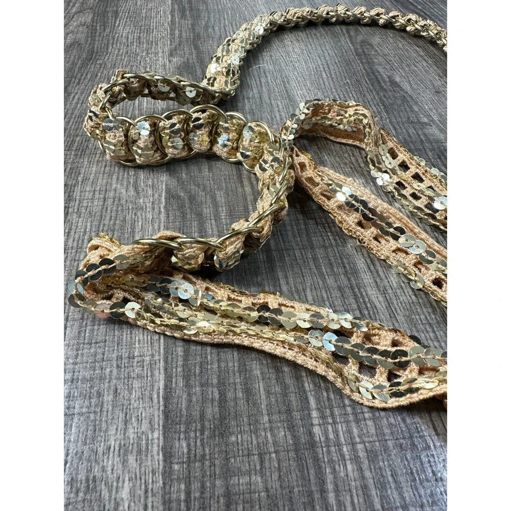 Women's Belt 69in Long Gold Rings Beige and Gold Sequin Fabric Tie Belt